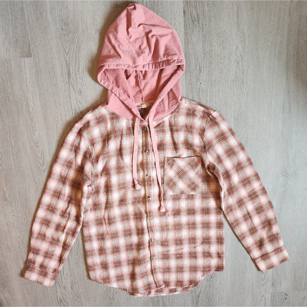 Poem & Thread Women's Long Sleeve Pink Plaid Button Down Hooded Shirt Small S